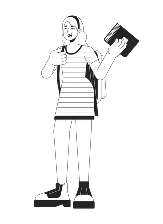 Caucasian College Girl Holding Book Flat Line Black White Vector Character Editable Outline Full Body Person Backpack Student Female Simple Cartoon Isolated Spot Illustration For Web Design Illustration