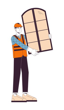Caucasian construction worker holding window  Illustration