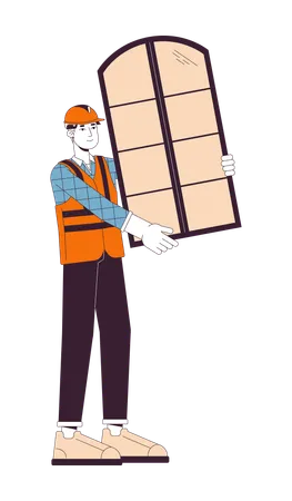 Caucasian Construction Worker Holding Window 2 D Linear Cartoon Character European Male Contractor Isolated Line Vector Person White Background Building Handyman Color Flat Spot Illustration Illustration