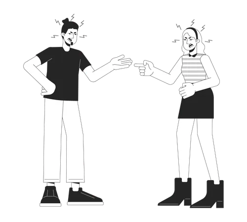 Caucasian Couple Quarrel Black And White Cartoon Flat Illustration Relationship Difficulties 2 D Lineart Characters Isolated Emotional Expressing Body Language Monochrome Scene Vector Outline Image Illustration