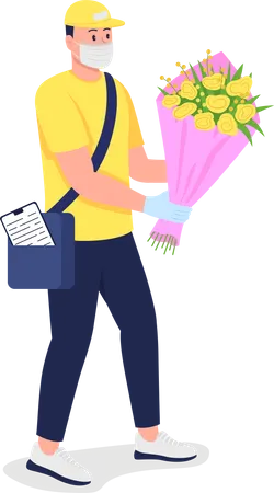 Caucasian delivery man with flowers in medical mask  Illustration