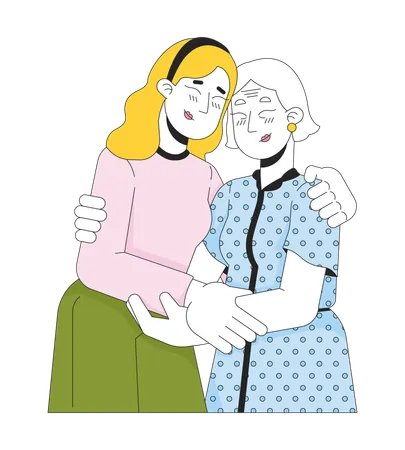 Caucasian Elderly Mother Daughter Hugging 2 D Linear Cartoon Characters Grandmother Granddaughter Isolated Line Vector People White Background Comforting Support Color Flat Spot Illustration Illustration
