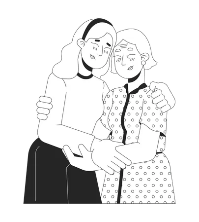 Caucasian Elderly Mother Daughter Hugging Black And White 2 D Line Cartoon Characters Grandmother Granddaughter Isolated Vector Outline People Comforting Support Monochromatic Flat Spot Illustration Illustration