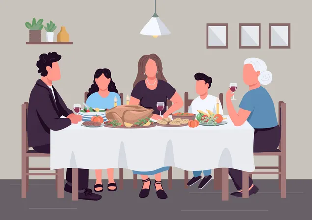 Caucasian Family Dinner Flat Color Vector Illustration People Eat Meal Together Holiday Lunch Relatives Generation At Table 2 D Cartoon Characters With Household Interior On Background Illustration
