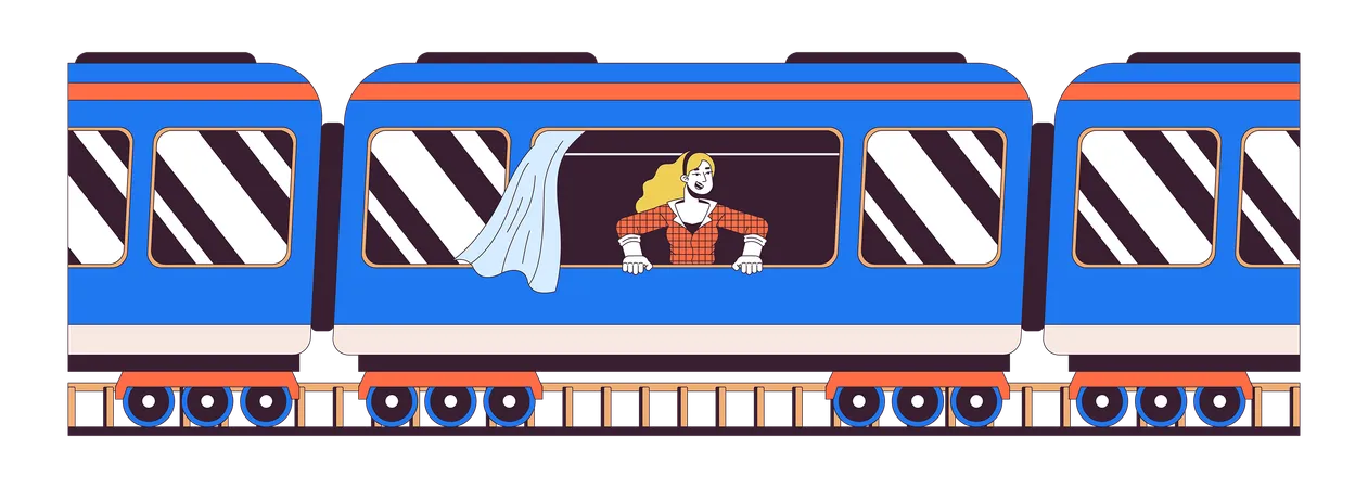 Caucasian Female Commute Passenger Train 2 D Linear Cartoon Character European Woman Riding Wagon Isolated Line Vector Person White Background Travel Destination Color Flat Spot Illustration Illustration