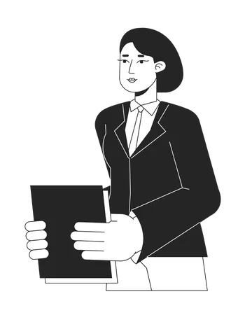 Caucasian Female Employee Holding Papers Bw Vector Spot Illustration Serious Office Worker 2 D Cartoon Flat Line Monochromatic Character For Web UI Design Editable Isolated Outline Hero Image Illustration