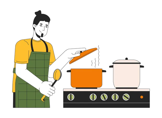 Caucasian Guy Covering Pot With Lid 2 D Linear Cartoon Character Meal Preparing European Man Isolated Line Vector Person White Background Stove Cooking Utensil Color Flat Spot Illustration Illustration