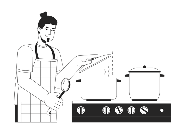 Caucasian guy covering pot with lid  Illustration