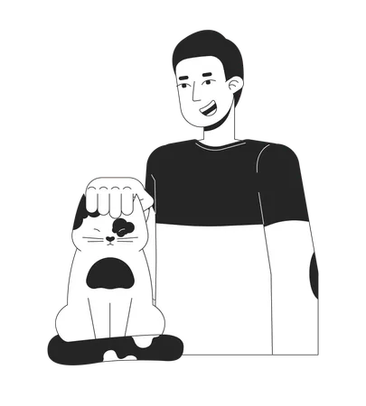 Caucasian Guy Gently Petting Cat Black And White 2 D Line Cartoon Character European Pet Owner Isolated Vector Outline Person Kitten Being Petted Vet Male Monochromatic Flat Spot Illustration Illustration