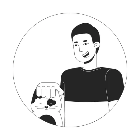 Caucasian Guy Gently Petting Cat Black And White 2 D Vector Avatar Illustration European Pet Owner Outline Cartoon Character Face Isolated Kitten Being Petted Vet Male Flat User Profile Image Illustration