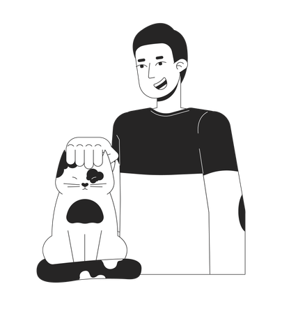 Caucasian guy gently petting cat  Illustration