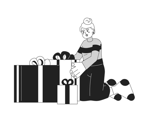Caucasian Lady Packing Gifts For Christmas Black And White 2 D Cartoon Character European Woman Giftboxes Isolated Vector Outline Person Christmas Tradition Monochromatic Flat Spot Illustration Illustration
