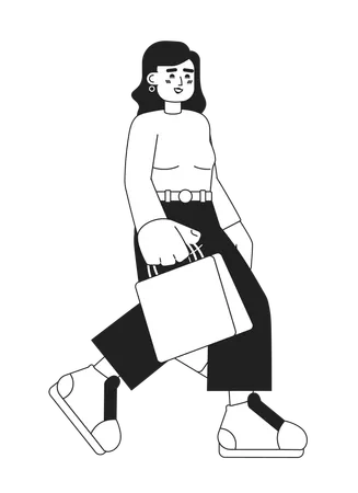 Caucasian Lady With Shopping Bags Monochromatic Flat Vector Character Shopaholism Buying Stuff Editable Thin Line Full Body Person On White Simple Bw Cartoon Spot Image For Web Graphic Design Illustration