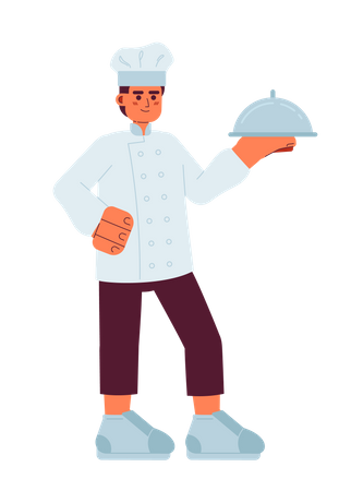 Caucasian male chef stand with silver tray  Illustration