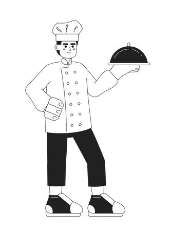 Caucasian male chef stand with silver tray  Illustration