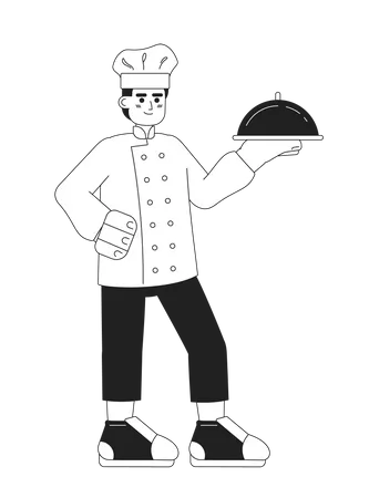 Caucasian Male Chef Stand With Silver Tray Monochromatic Flat Vector Character Editable Full Body Man With Food On White Simple Bw Cartoon Spot Image For Web Graphic Design Illustration