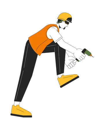Caucasian Male Engineer Holding Cordless Screwdriver 2 D Linear Cartoon Character Working Man Electrician Isolated Line Vector Person White Background Drilling Hole Color Flat Spot Illustration Illustration