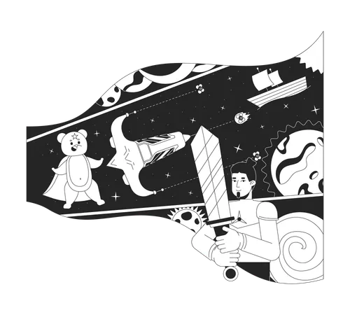 Caucasian Man Dreaming About Space Black And White 2 D Line Cartoon Character European Male Fighting Cosmic Bear Isolated Vector Outline Person Imagination Monochromatic Flat Spot Illustration Illustration