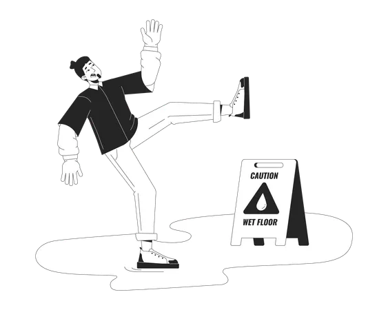 Caucasian Man Falling On Wet Floor Black And White Cartoon Flat Illustration Carefree Male Slipping On Puddle 2 D Lineart Character Isolated Dangerous Situation Monochrome Scene Vector Outline Image Illustration
