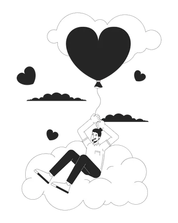 Caucasian Man Flying With Balloon In Clouds Black And White 2 D Line Cartoon Character Cloudy Heart Shaped Baloon European Male Isolated Vector Outline Person Monochromatic Flat Spot Illustration 일러스트레이션