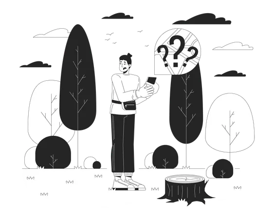 Caucasian Man Getting Lost In Forest Black And White Cartoon Flat Illustration Scared Male Seeking Way Out 2 D Lineart Character Isolated Dangerous Situation Monochrome Scene Vector Outline Image Illustration