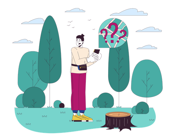 Caucasian man getting lost in forest  Illustration