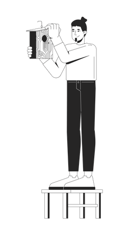 Caucasian man installing wooden birdhouse  Illustration
