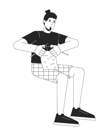 Caucasian Man Knitting Black And White 2 D Line Cartoon Character Relaxing Leisure Happy European Male Knitter Isolated Vector Outline Person Dressmaking Hobby Monochromatic Flat Spot Illustration Illustration
