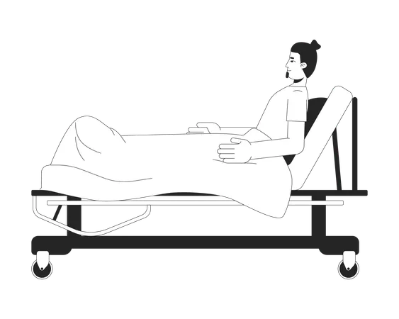 Caucasian man patient reclining on hospital bed with blanket  Illustration