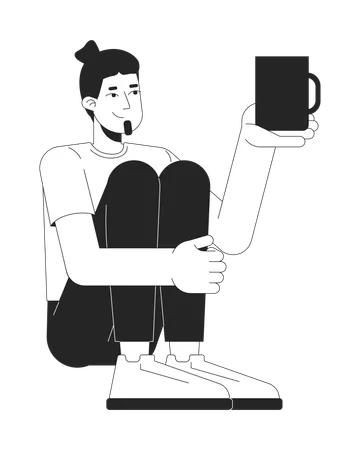 Caucasian man sitting while holding mug  Illustration