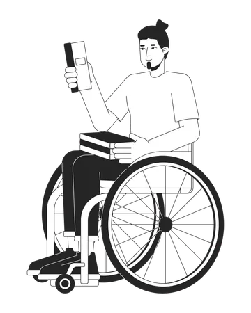 장애 흑백 2 D 라인 만화 캐릭터를 가진 백인 남자 학생 책을 분리한 벡터 윤곽선 사람이 있는 휠체어 유럽 남성 포함 단색 플랫 스팟 그림 일러스트레이션