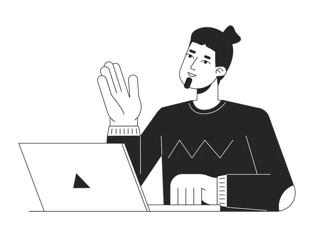 Caucasian man talking with laptop  Illustration