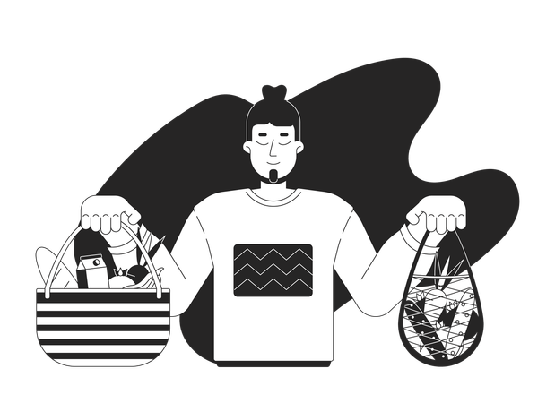 Caucasian man with products in reusable bags  Illustration