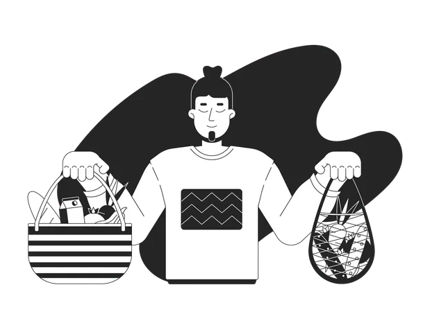 Caucasian man with products in reusable bags  Illustration