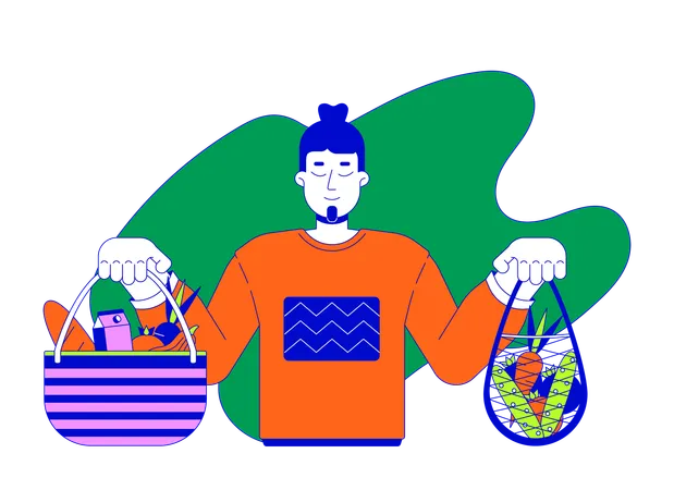 Caucasian man with products in reusable bags  Illustration