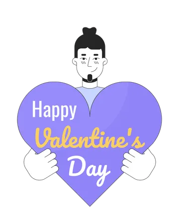 Caucasian Man With Valentine Greeting Card 2 D Linear Illustration Concept European White Male Cartoon Character Isolated On White 14 February Holiday Metaphor Abstract Flat Vector Outline Graphic Illustration
