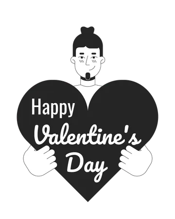 Caucasian Man With Valentine Greeting Card Black And White 2 D Illustration Concept European White Male Cartoon Outline Character Isolated On White 14 February Holiday Metaphor Monochrome Vector Art Illustration