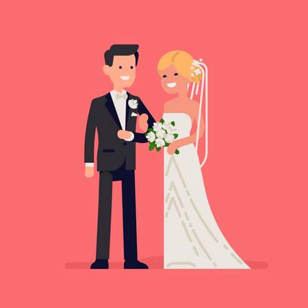 Caucasian newlyweds standing together wearing wedding dresses  Illustration