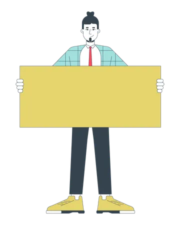 Caucasian Office Man Standing With Placard 2 D Linear Cartoon Character Formalwear Employee Isolated Line Vector Person White Background Smiling Holding Blank Banner Color Flat Spot Illustration Illustration