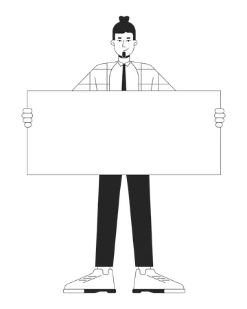 Caucasian Office Man Standing With Placard Black And White 2 D Line Cartoon Character Formalwear Employee Isolated Vector Outline Person Holding Blank Banner Monochromatic Flat Spot Illustration Illustration