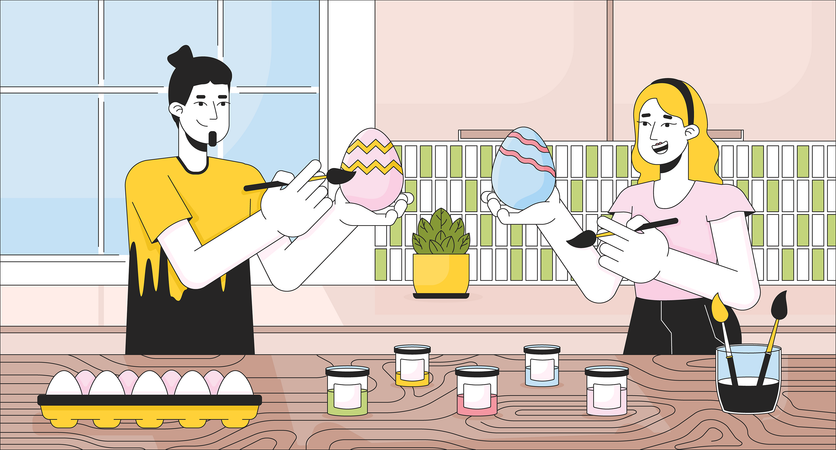 Caucasian people decorating eggs together  Illustration