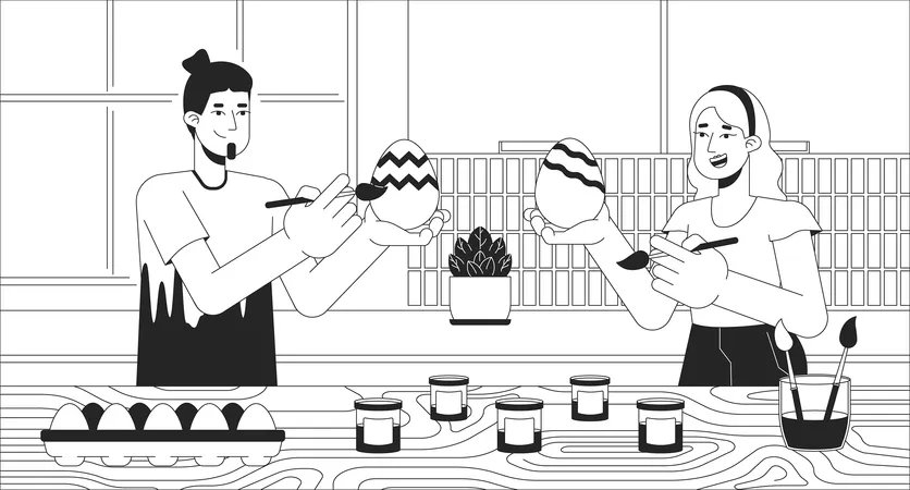 Caucasian people decorating eggs together  Illustration