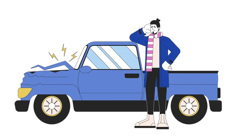 Caucasian Sad Man Near Broken Vehicle 2 D Linear Cartoon Character Frustrated European Guy Standing Isolated Line Vector Person White Background Accident Automobile Color Flat Spot Illustration Illustration