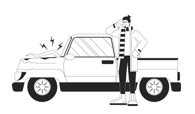 Caucasian Sad Man Near Broken Vehicle Black And White 2 D Line Cartoon Character Frustrated European Guy Isolated Vector Outline Person Accident Automobile Monochromatic Flat Spot Illustration Illustration