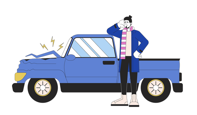 Caucasian sad man near broken vehicle  Illustration