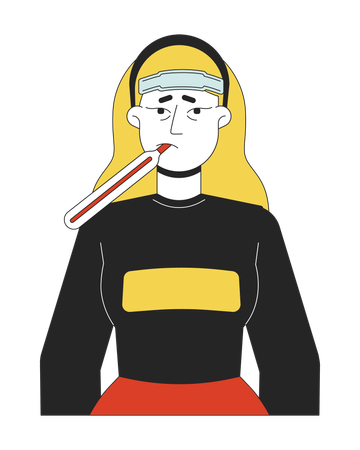 Caucasian sick woman with thermometer in mouth  Illustration