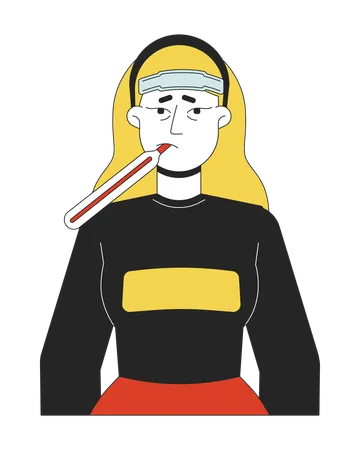 Caucasian sick woman with thermometer in mouth  Illustration