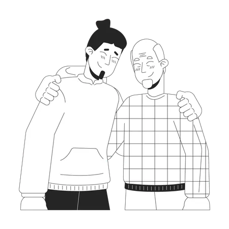 Caucasian Son And Senior Father Hugging Black And White 2 D Line Cartoon Characters European Family Members Isolated Vector Outline People Comforting Caring Dad Monochromatic Flat Spot Illustration Illustration