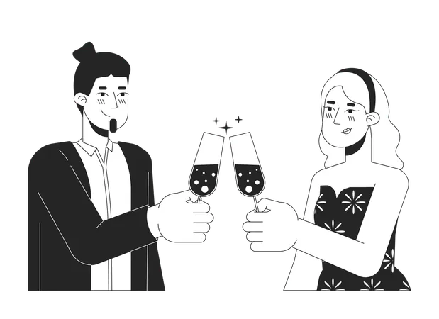 Caucasian White Couple Clinking Glasses Black And White 2 D Line Cartoon Characters Deeply In Love Sweethearts Isolated Vector Outline People Toasting Monochromatic Flat Spot Illustration Illustration