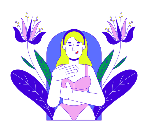 Caucasian white woman in bikini examining herself  Illustration